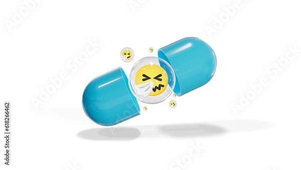 Fototapeta Opening Medical Pill with Emoji sneezing face inside transparent bubble.Healthcare and Medical 3D illustration isolated on transparent background