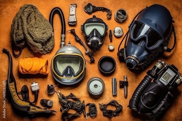 Fototapeta freediving tools and equipment flat lay AI Generated