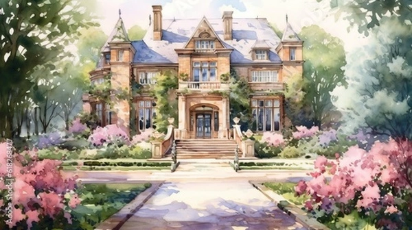 Fototapeta Stately and Classic Rose Garden watercolor. AI generated