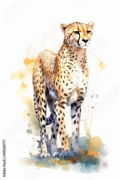 Fototapeta Agile cheetah with a slender body watercolor. AI generated