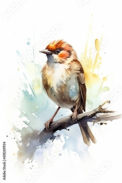 Fototapeta Chirpy sparrow with a cheerful expression watercolor. AI generated