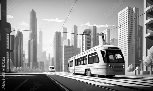 Fototapeta  a white city bus driving down a street next to tall buildings and tall buildings in the distance with a bus on the road in front of the picture.  generative ai