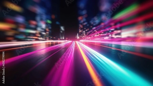 Fototapeta Road with light trails of passing vehicles. Motion speed light in city. Dynamic background. Town at night with speed traffic. Generative AI. Illustration for banner, poster, cover or presentation.