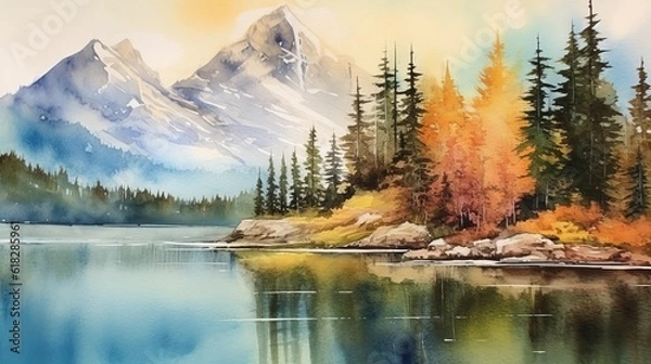 Obraz Watercolor serene landscape of mountains and a lake. AI generated
