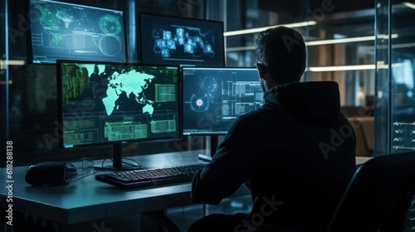 Obraz Network operations center with technicians monitoring network traffic, troubleshooting issues, and ensuring network performance