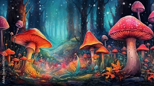 Fototapeta Watercolor whimsical mushroom forest with fairies. AI generated