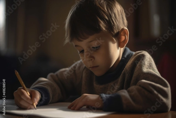 Obraz Child writing in a notebook in class. Fictional person. Generative AI