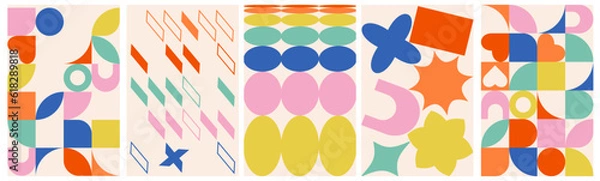 Fototapeta Colorful abstract shapes backgrounds. Geometric isolated posters in retro brutalist style. Vector flat illustration for social networks, background or posters on transparent background.