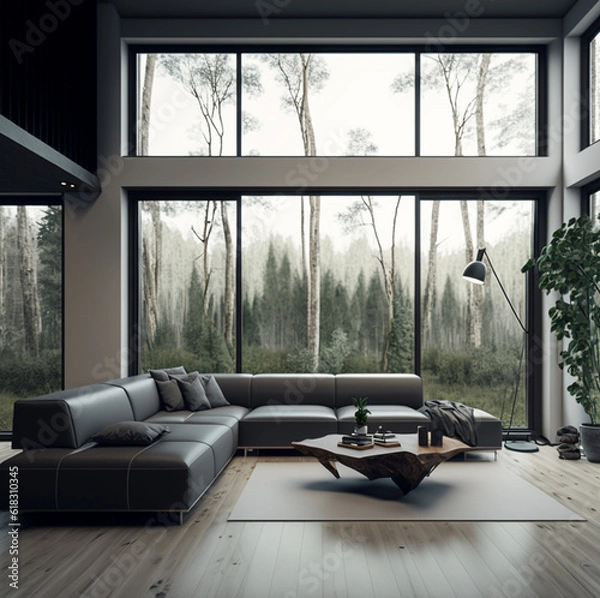 Fototapeta beautiful room with a piece of furniture and a view of the forest