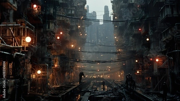 Fototapeta Futuristic moody dystopian cityscape at night with dark allies and large skyscrapers. AI generative
