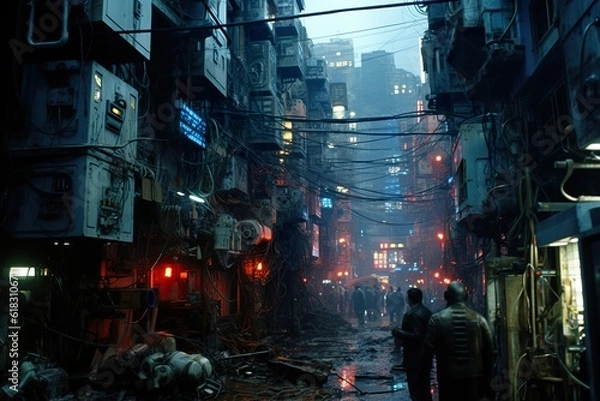 Fototapeta Futuristic moody dystopian cityscape at night with dark allies and large skyscrapers. AI generative