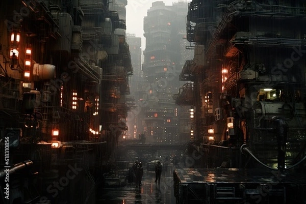 Fototapeta Futuristic moody dystopian cityscape at night with dark allies and large skyscrapers. AI generative