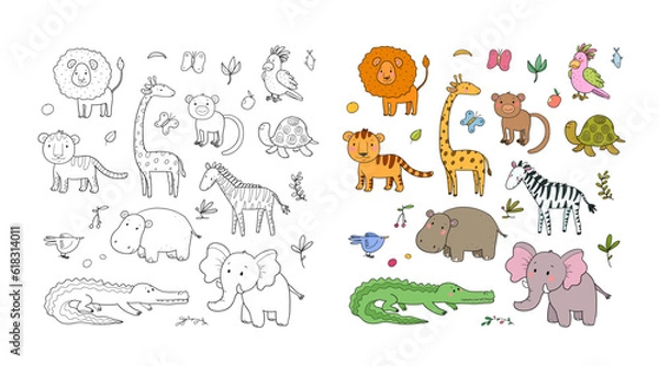 Obraz African animals. Cute cartoon lion and tiger, elephant and zebra, monkey and parrot. Fun zoo. Illustration for coloring books. Monochrome and colored versions. Vector