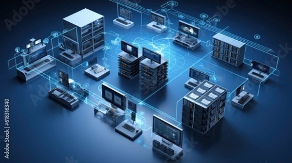 Fototapeta Comprehensive IT infrastructure setup, including servers, switches, routers, and structured cabling systems