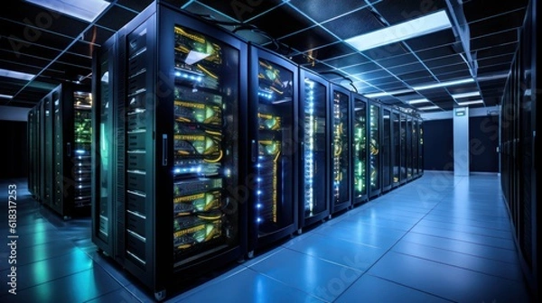 Obraz Depict a state of the art data center with rows of server racks, cooling systems, and redundant power supplies