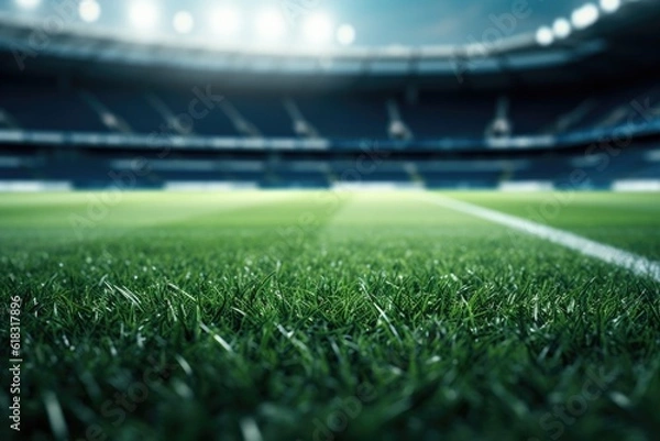 Fototapeta football stadium with lights - grass close up in sports arena - background - generative ai