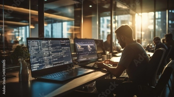 Obraz A scene showcasing a team of software developers coding, collaborating, and testing applications in a modern development environment