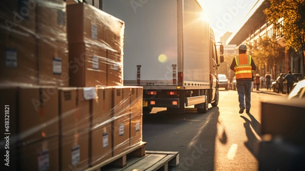 Fototapeta photo Outside of Logistics Retailer Warehouse, Worker Loading Delivery Truck with Cardboard Boxes p2