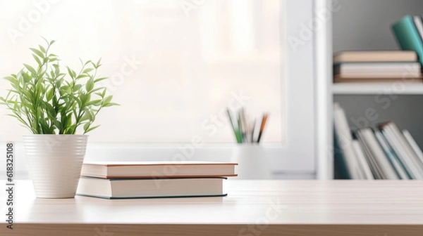 Fototapeta White table with books, stationery and copy space in study room