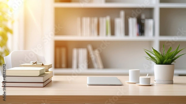 Obraz White table with books, stationery and copy space in study room