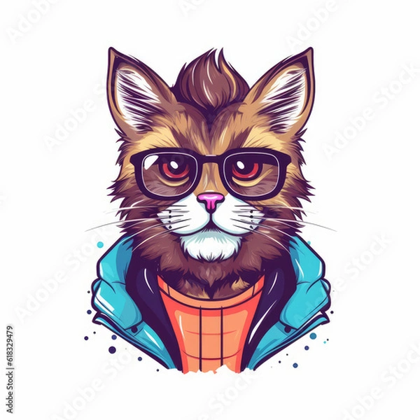 Fototapeta Hipster Cat With Eyeglasses Flat 2D Design