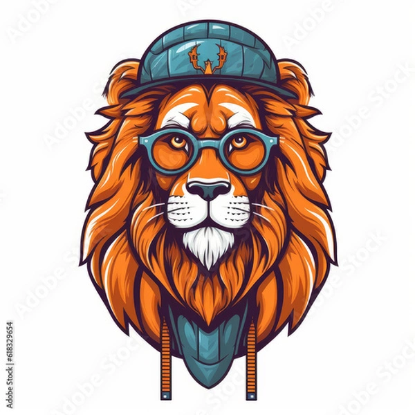 Fototapeta Hipster Lion With Hat And Sunglasses 2D Flat Design