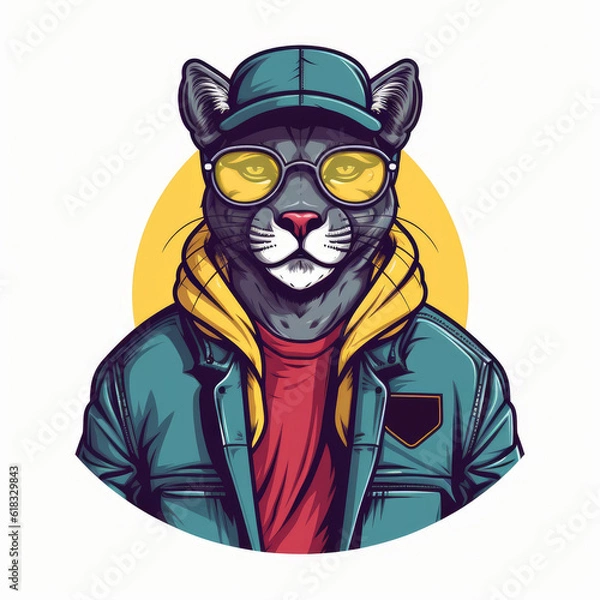 Fototapeta Hipster Panther With Hat, Sunglasses and Jacket 2D Flat Design