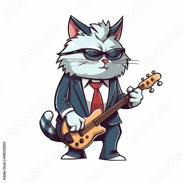 Fototapeta Jazzy Tuxedo Cat With Guitar In Hand Drawn Style