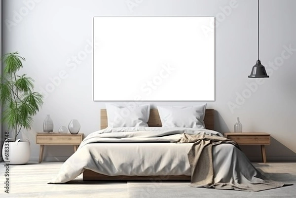 Fototapeta Mock up for poster, artwork frame in minimalist bedroom interior background, cement wall