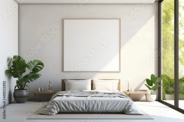 Obraz Mock up for poster, artwork frame in minimalist bedroom interior background, cement wall