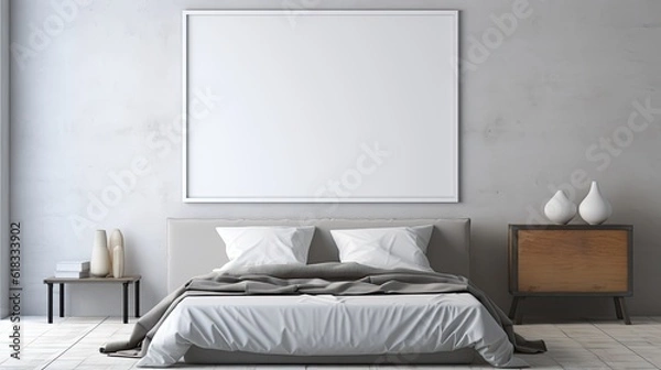 Fototapeta Mock up for poster, artwork frame in minimalist bedroom interior background, cement wall