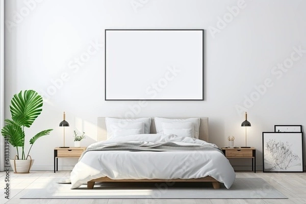 Obraz Mock up for poster, artwork frame in minimalist bedroom interior background, cement wall
