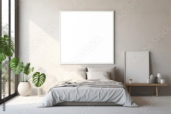 Obraz Mock up for poster, artwork frame in minimalist bedroom interior background, cement wall