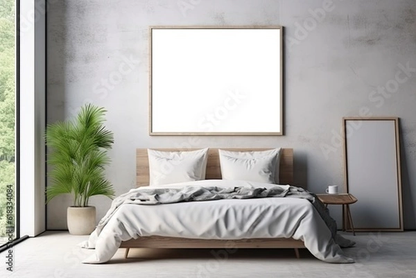 Obraz Mock up for poster, artwork frame in minimalist bedroom interior background, cement wall