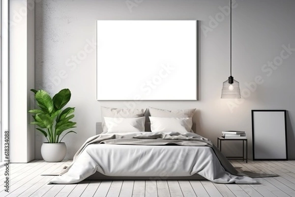 Obraz Mock up for poster, artwork frame in minimalist bedroom interior background, cement wall
