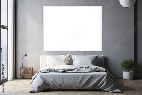 Obraz Mock up for poster, artwork frame in minimalist bedroom interior background, cement wall