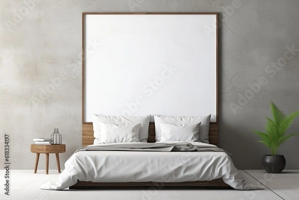Obraz Mock up for poster, artwork frame in minimalist bedroom interior background, cement wall