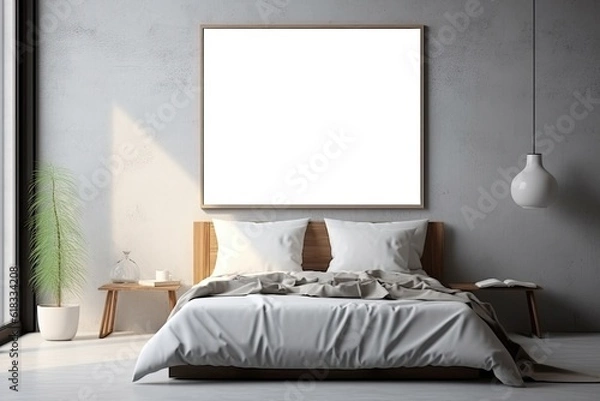 Obraz Mock up for poster, artwork frame in minimalist bedroom interior background, cement wall
