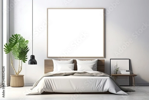 Obraz Mock up for poster, artwork frame in minimalist bedroom interior background, cement wall