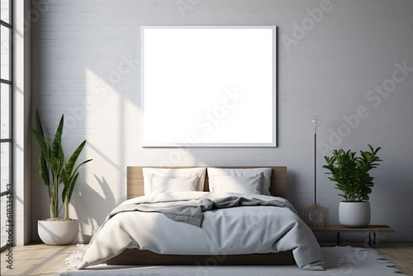 Obraz Mock up for poster, artwork frame in minimalist bedroom interior background, cement wall