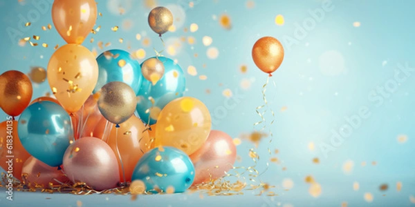 Fototapeta birthday party balloons with confetti and cake on light - Generative AI