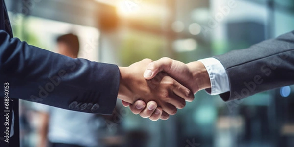 Fototapeta Business handshake between a woman and a man. Close up. - Generative AI