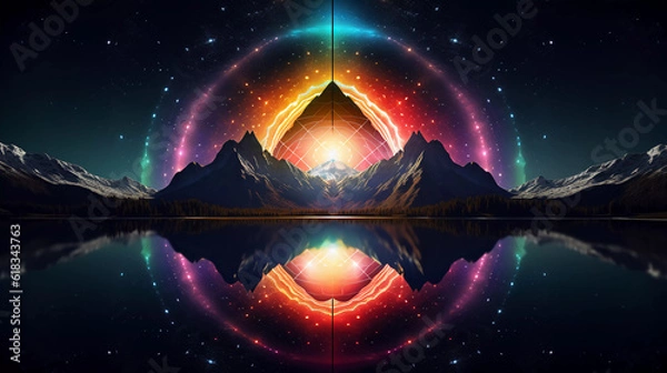 Obraz Abstract neon background with geometric circle shape, Beautiful frame and extraterrestrial landscape under the night sky and Rocks. Futuristic minimalist wallpaper. Created with Generative AI.