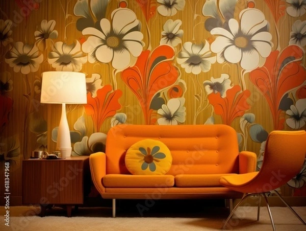 Obraz 70s flower power interior living room design with flower wallpaper, generative ai
