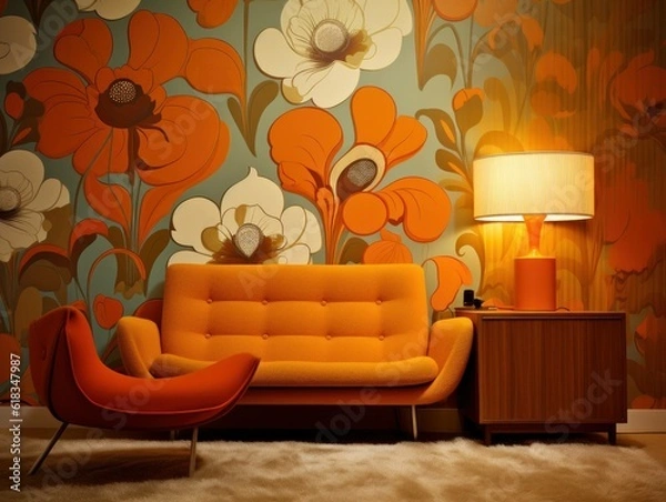 Obraz 70s flower power interior living room design with flower wallpaper, generative ai