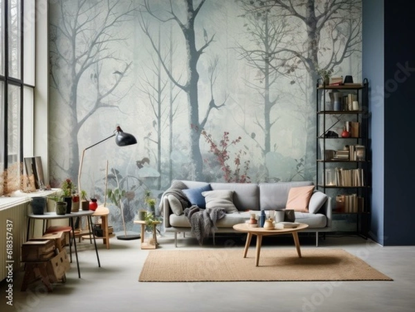 Obraz scandinavian hygge style interior design with large scale wallpaper , generative ai