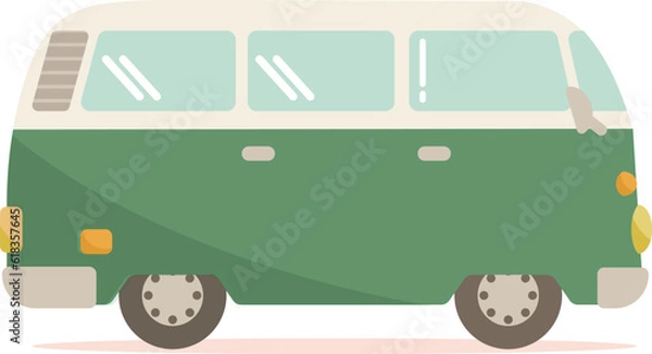 Obraz レトロな雰囲気のキャンプに行くのに最適な背景が透明なカーキ色のかわいいバンの大きい車のイラスト