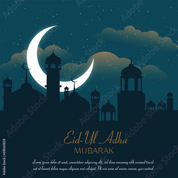 Fototapeta Eid al adha mubarak background design with crescent moon and mosque premium vector