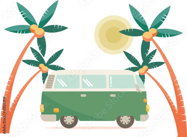 Obraz 椰子の木と太陽を背景に走るレトロな雰囲気のキャンプに行くのに最適なバンのイラスト