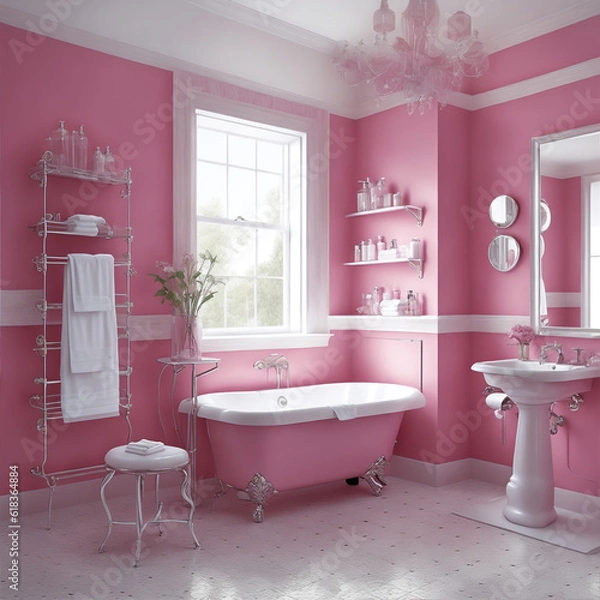 Fototapeta Bathroom with a pink and white theme. The finish combines classic and modern features. Tiles and toilet fittings made of ceramic and shiny iron finish.